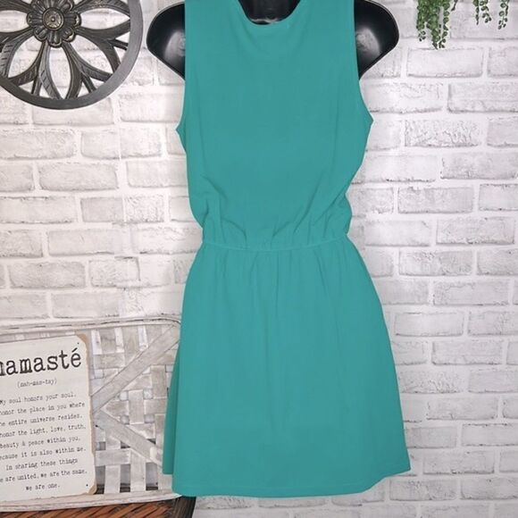 Chloe K. Turquoise Teal Pinched Waist Boho Hippie Mini Dress Size Small - Picture 5 of 6